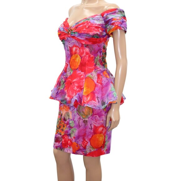 VINTAGE Vibrant Off-Shoulder Floral Peplum Cocktail Dress Sweetheart Neckline S - Picture 5 of 8